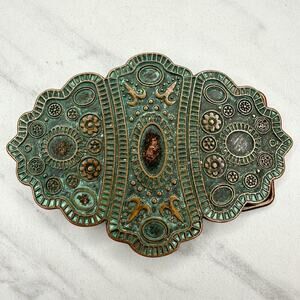 Copper Tone Scalloped Floral Western Belt Buckle Turquoise Patina Boho ✨